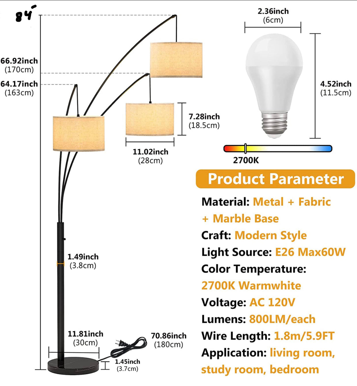 Lighteme Modern Arc Floor Lamp w/ Marble Base -- 3 Lights Hanging Over The Couch from Behind - Multi Head Arching Tree Lamp -Oil Rubbed Bronze