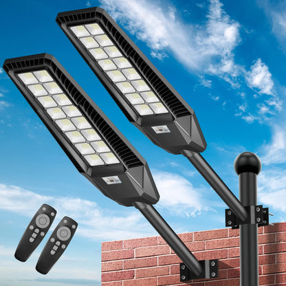 Lighteme Lot de 2 lampadaires solaires d'extérieur 1600 W 90 000 lumens, du crépuscule à l'aube, avec télécommande et détecteur de mouvement 