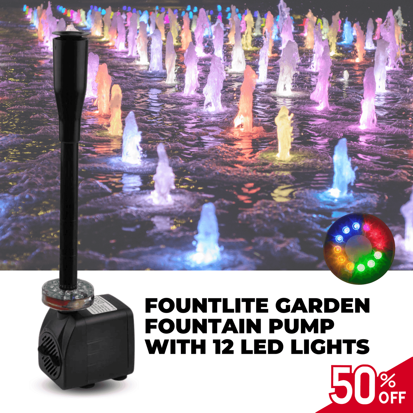 Lighteme Gartenbrunnenpumpe mit 12 LED-Leuchten