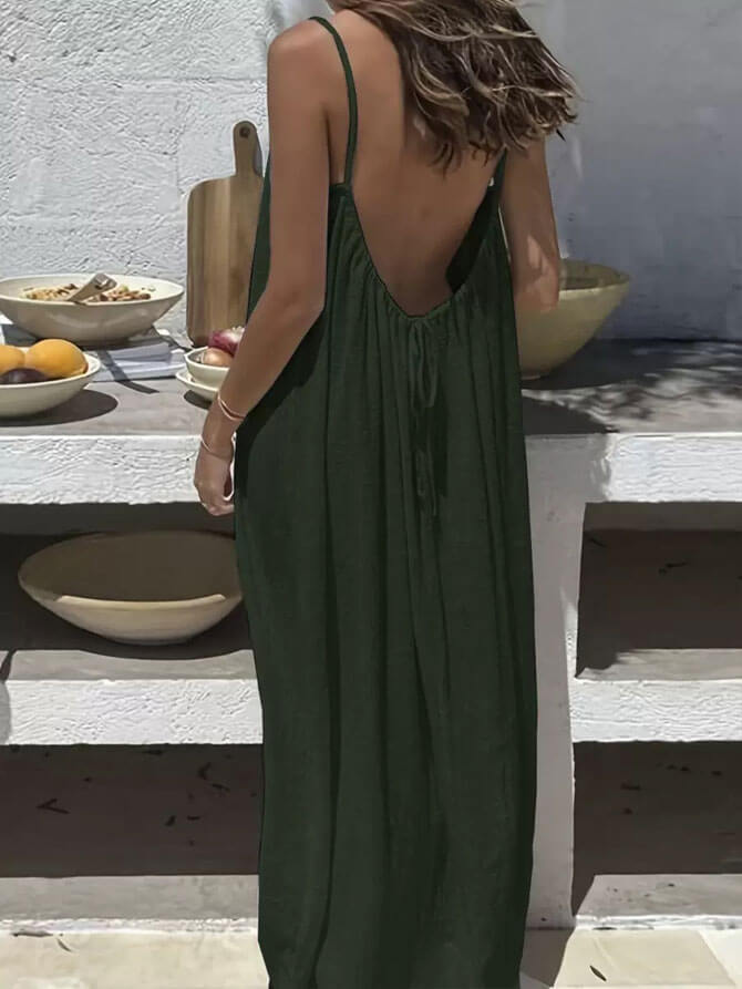 Lighteme Women's Solid Color Backless Cami Lounge Dress, Loose Fit Spaghetti Strap Dress