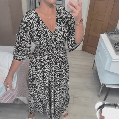 Lighteme Boho Print V-Neck Maxi Dress