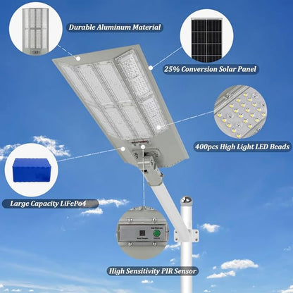 Lighteme 8000W Aluminum Frame Solar Street Lights Outdoor Motion Sensor, Dusk to Dawn 200000LM with Remote Control