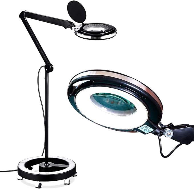 Lighteme Magnifying Floor Lamp with 5 Wheels Rolling Base, 2.25X Magnifier with LED Light, 2-in-1