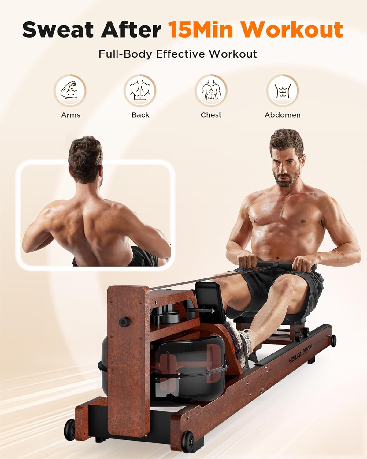 Lighteme Water Rowing Machine for Home Gym – Foldable Wooden Rower with Water Resistance & LCD Monitor
