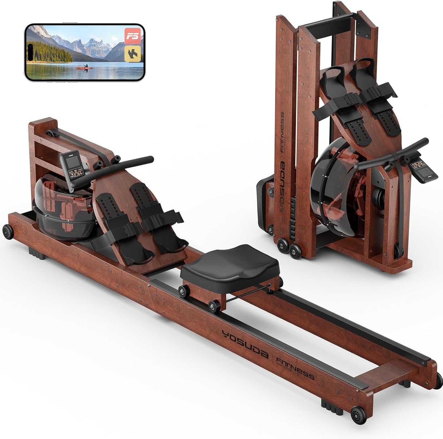 Lighteme Water Rowing Machine for Home Gym – Foldable Wooden Rower with Water Resistance & LCD Monitor