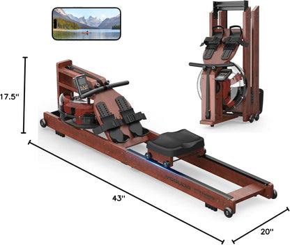 Lighteme Water Rowing Machine for Home Gym – Foldable Wooden Rower with Water Resistance & LCD Monitor