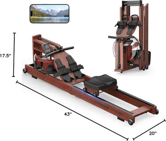 Lighteme Water Rowing Machine for Home Gym – Foldable Wooden Rower with Water Resistance & LCD Monitor