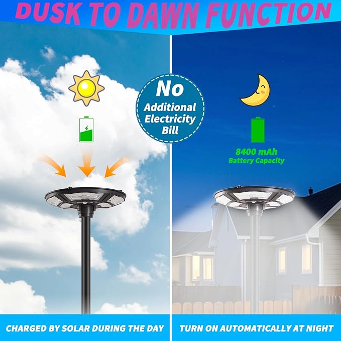 Lighteme 1500W Commercial Solar Flag Pole Outdoor Lamp Post Light with 98 inch Pole IP67 Waterproof With Remote