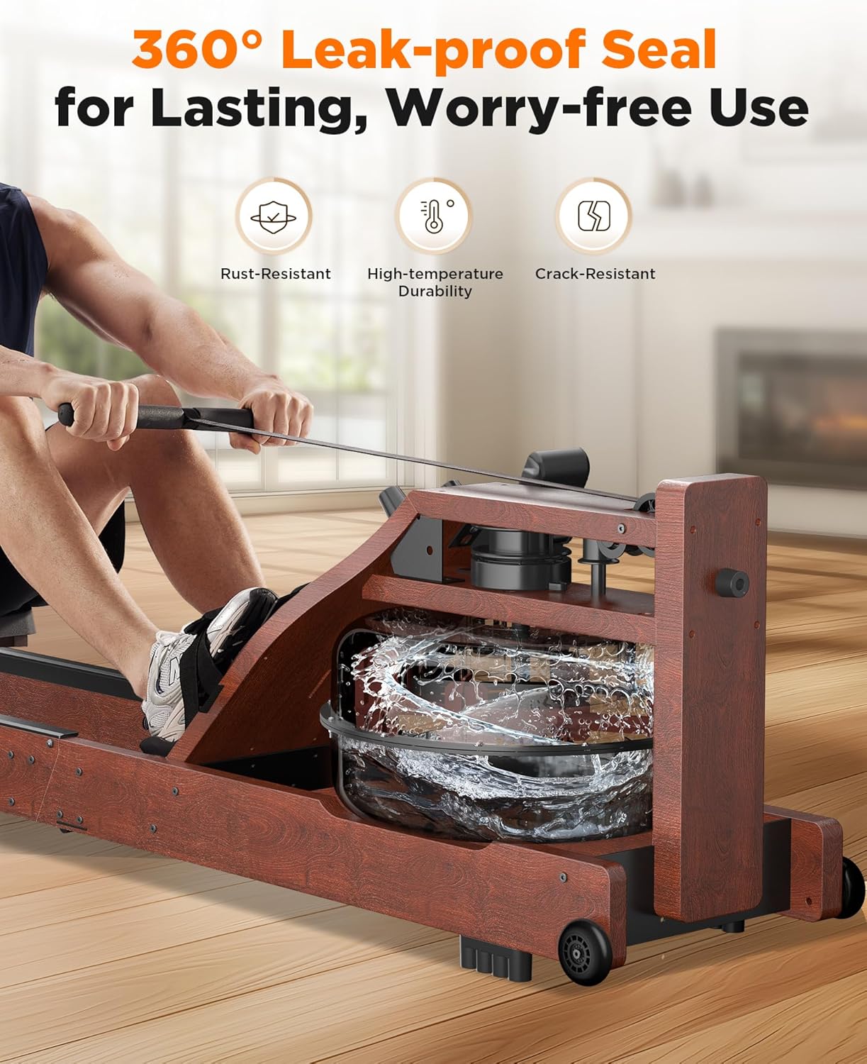 Lighteme Water Rowing Machine for Home Gym – Foldable Wooden Rower with Water Resistance & LCD Monitor