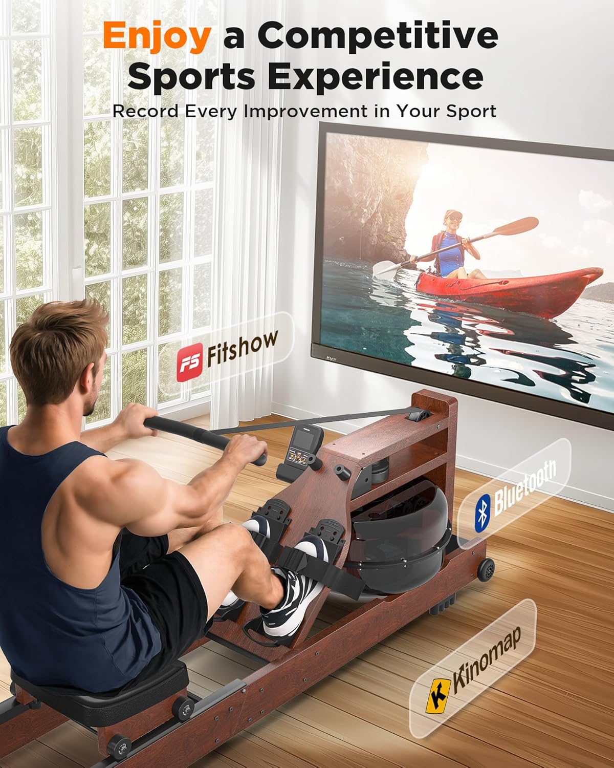 Lighteme Water Rowing Machine for Home Gym – Foldable Wooden Rower with Water Resistance & LCD Monitor