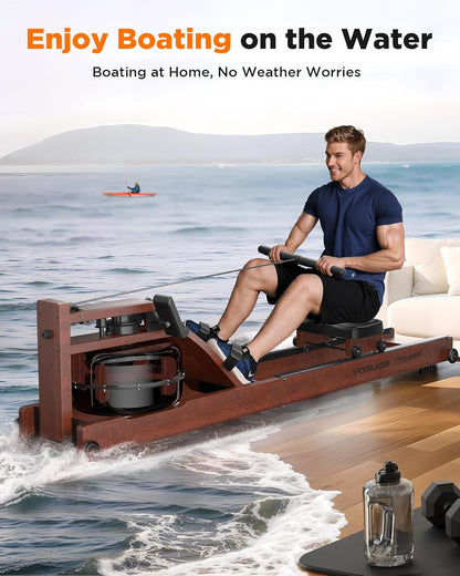 Lighteme Water Rowing Machine for Home Gym – Foldable Wooden Rower with Water Resistance & LCD Monitor