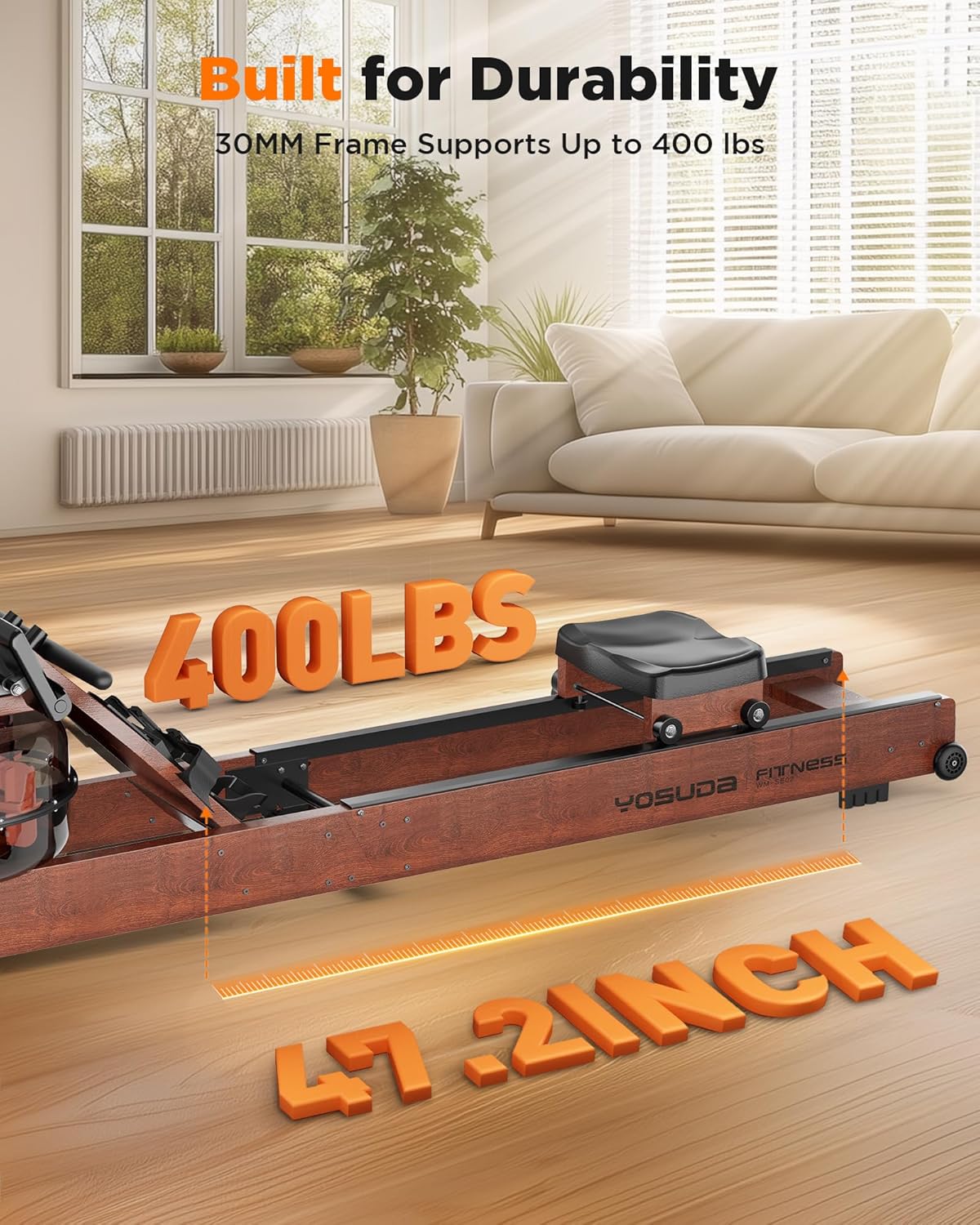 Lighteme Water Rowing Machine for Home Gym – Foldable Wooden Rower with Water Resistance & LCD Monitor