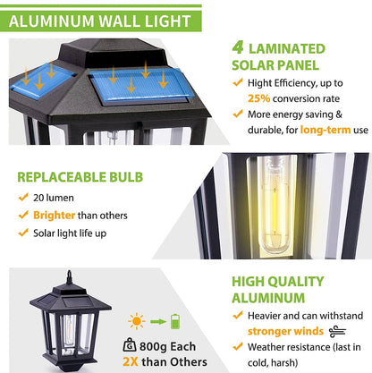 Lighteme 2 Pack Solar Aluminum Wall Hanging Lanterns with Replaceable Bulb, 4 Solar Panels,Anti-Rust