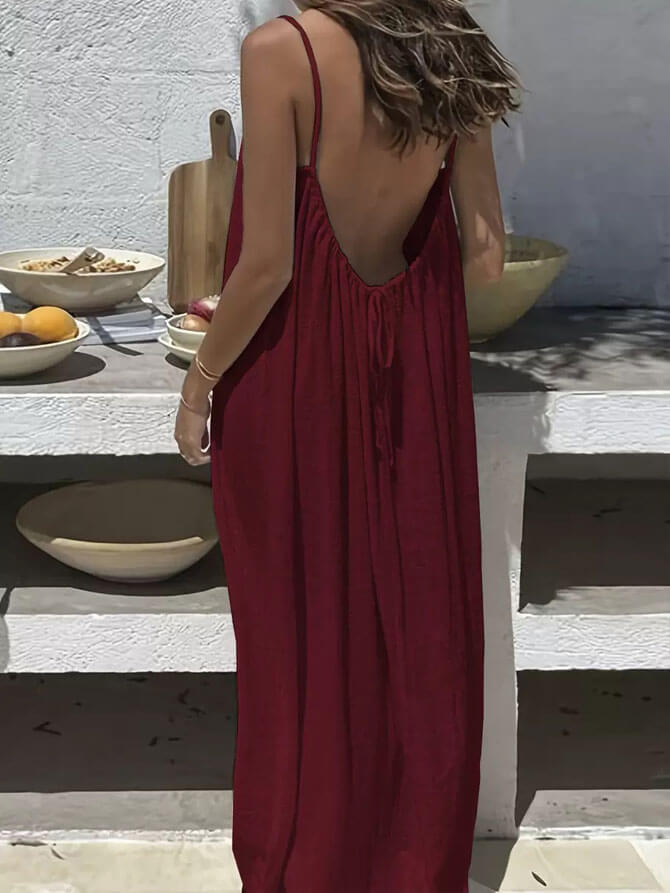 Lighteme Women's Solid Color Backless Cami Lounge Dress, Loose Fit Spaghetti Strap Dress