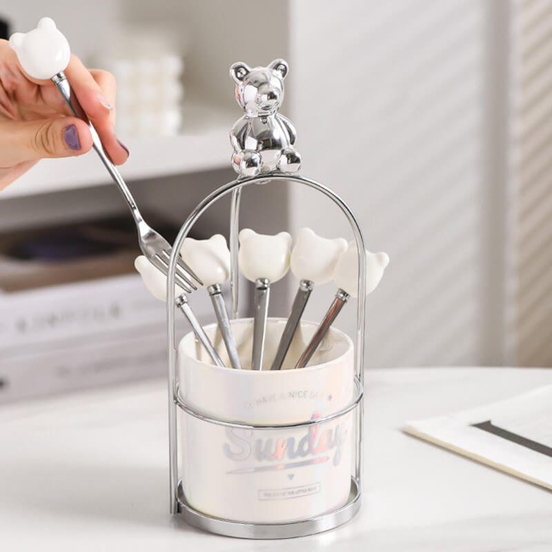 Lighteme Bear Ceramic Dessert Fork & Spoon Storage Jar