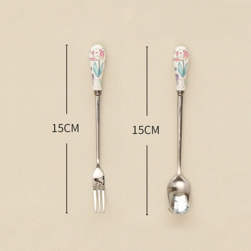 Lighteme Floral Ceramic Handled Dessert Spoon & Fork