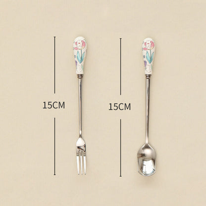 Lighteme Floral Ceramic Handled Dessert Spoon & Fork