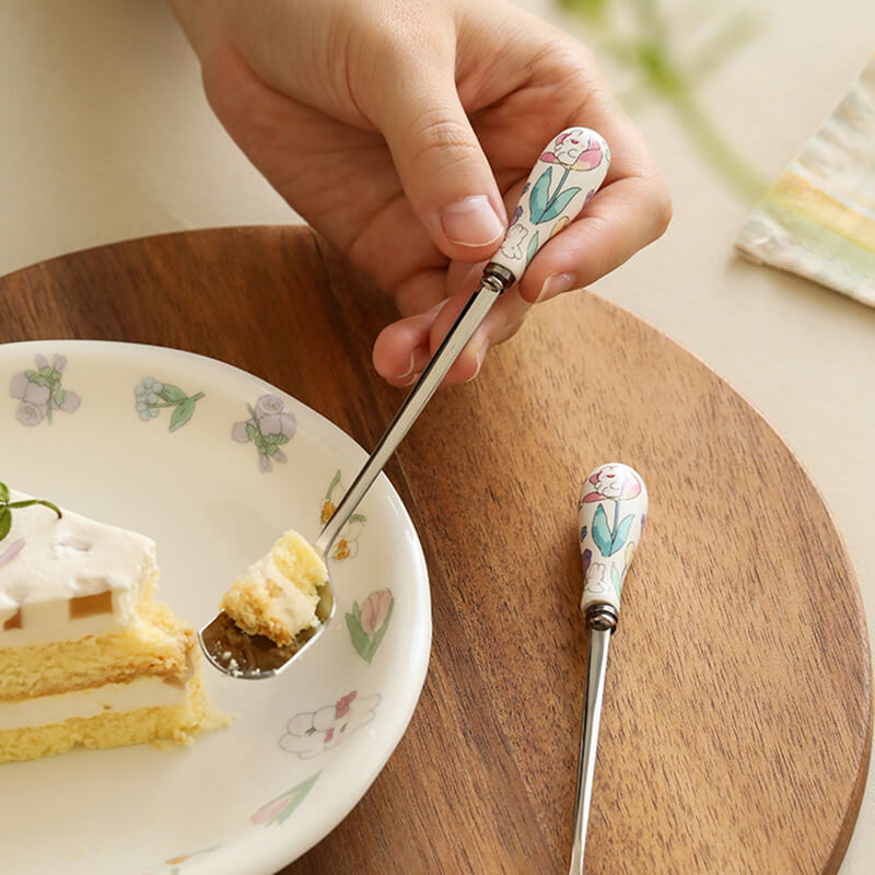 Lighteme Floral Ceramic Handled Dessert Spoon & Fork