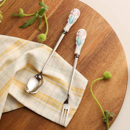 Lighteme Floral Ceramic Handled Dessert Spoon & Fork