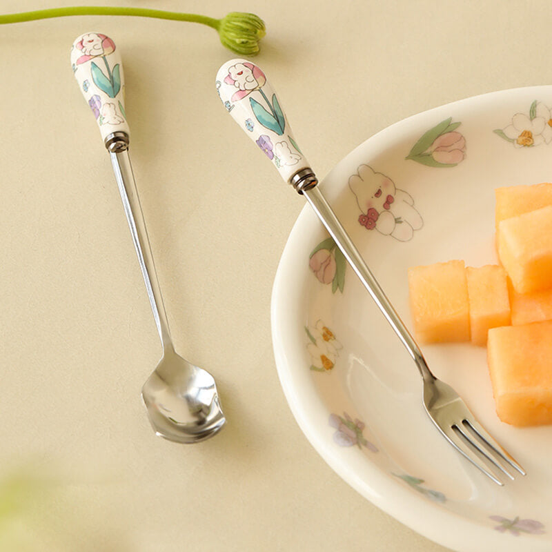 Lighteme Floral Ceramic Handled Dessert Spoon & Fork