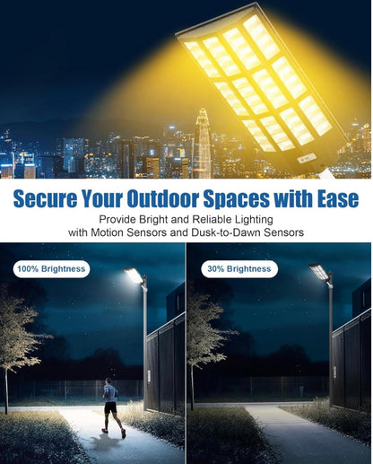 Lighteme 9000W Solar Street Light - Tri-Color 3000K/4000K/6500K Dimmable Solar Motion Sensor Light Outdoor, IP66 Waterproof Solar Dusk to Dawn Lights