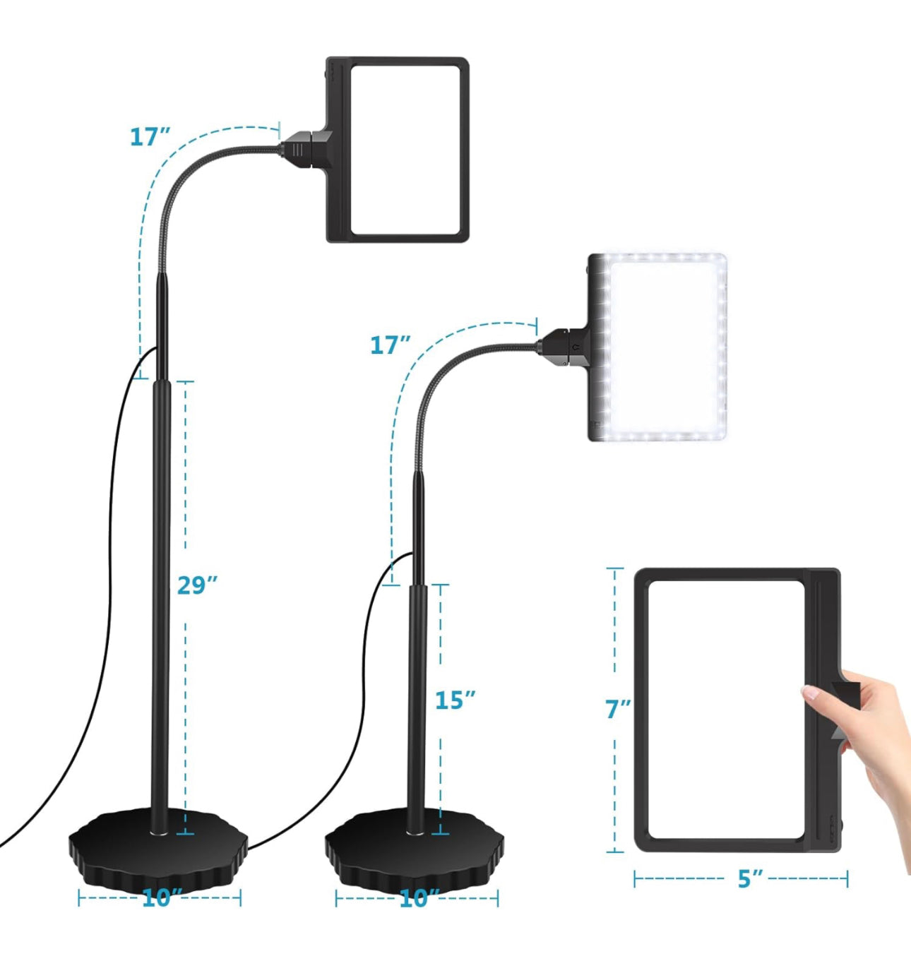 Lighteme 5-fache Lupe mit dimmbarem 36-LED-Licht und Ständer, Vergrößerungs-Stehlampe mit einstellbarer Helligkeit, beleuchtete Lupe mit Schwanenhalsarm zum Lesen, Basteln und für Naharbeiten 