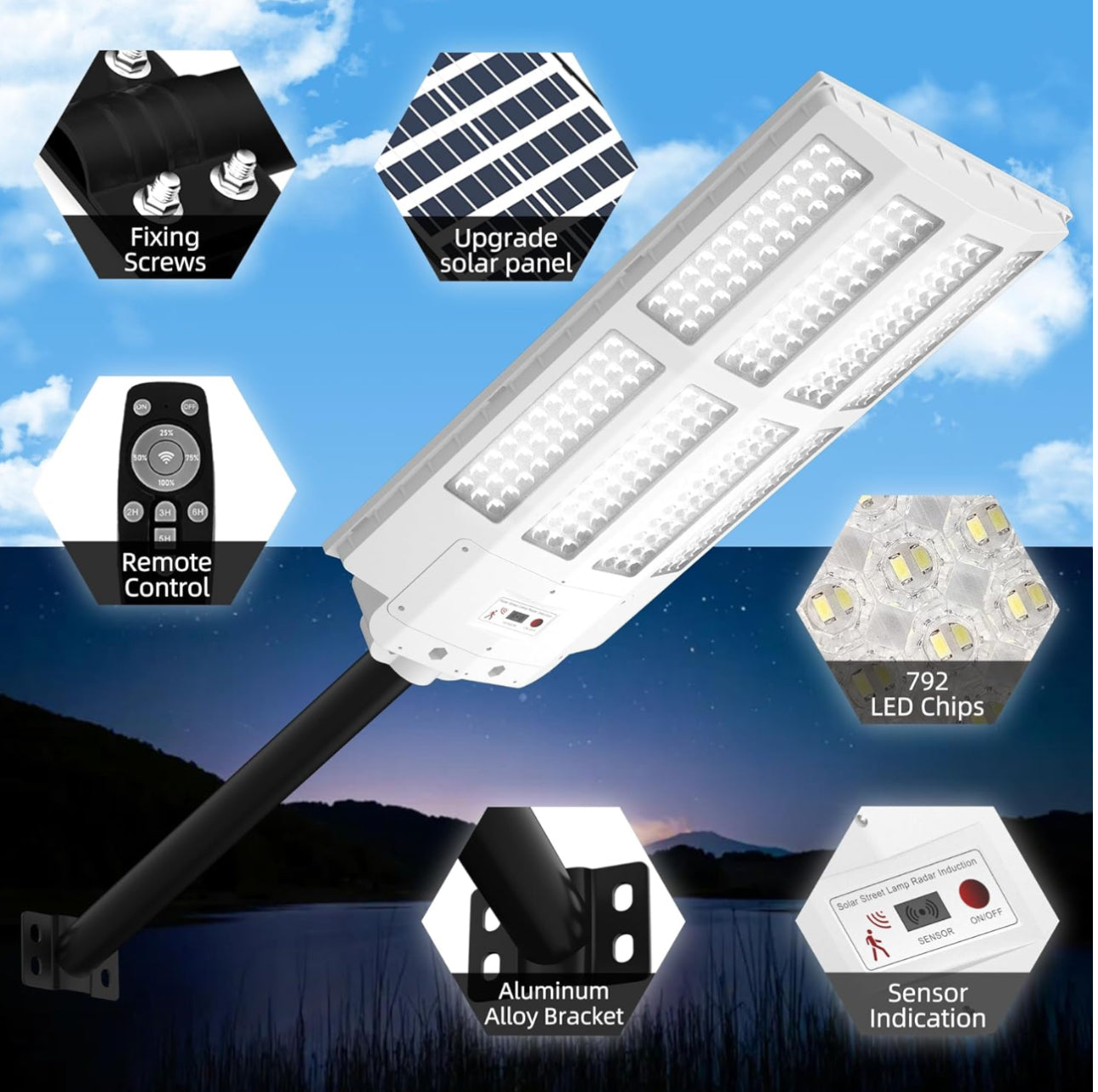 Lighteme 1500W Solar Street Light Outdoor Waterproof, 6500K Motion Sensor Lights Dusk to Dawn, 200,000LM Wall Light with Remote Control