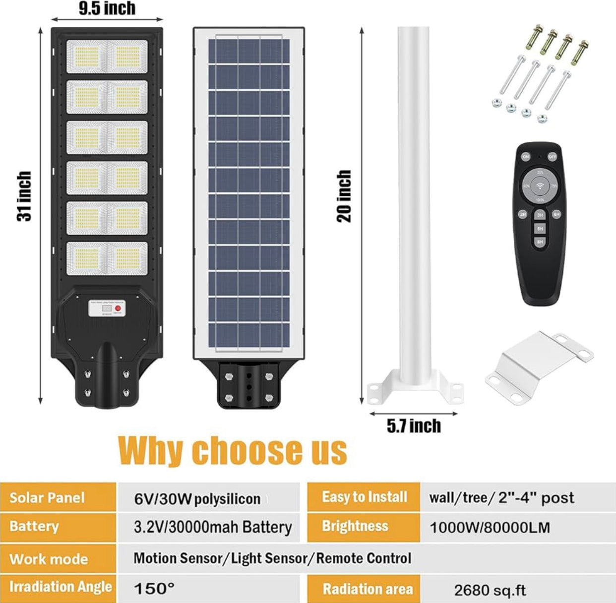 Lighteme 1000W Solar Street Light Motion Sensor, 80000LM IP65 Waterproof with Remote Control