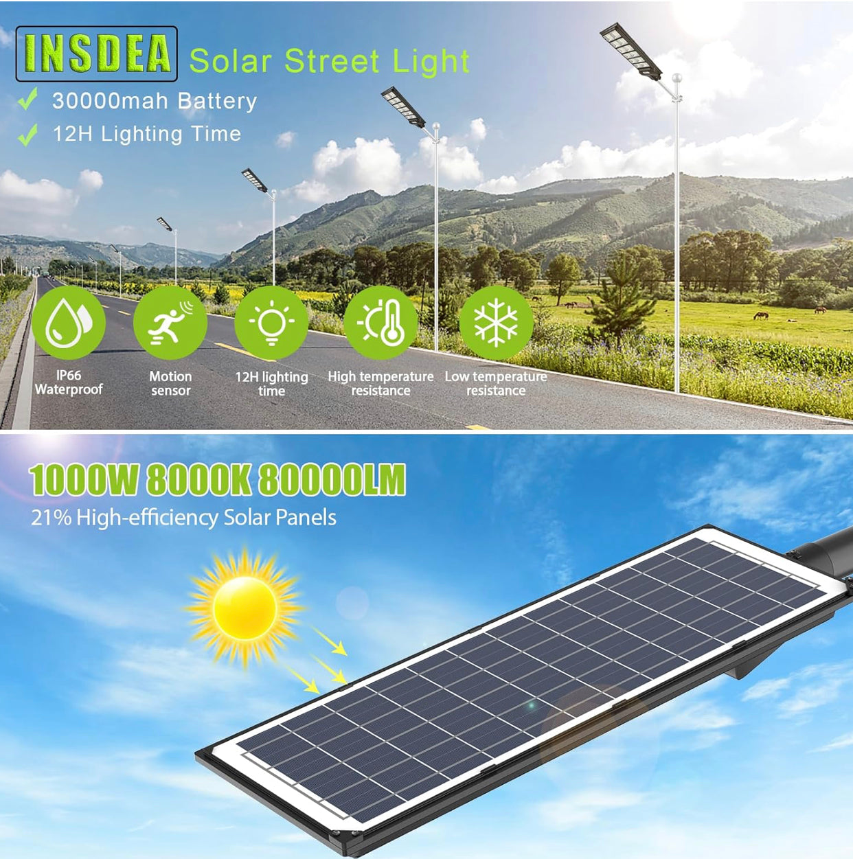 Lighteme 1000W Solar Street Light Motion Sensor, 80000LM IP65 Waterproof with Remote Control