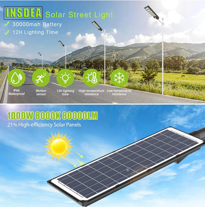 Lighteme 1000W Solar Street Light Motion Sensor, 80000LM IP65 Waterproof with Remote Control