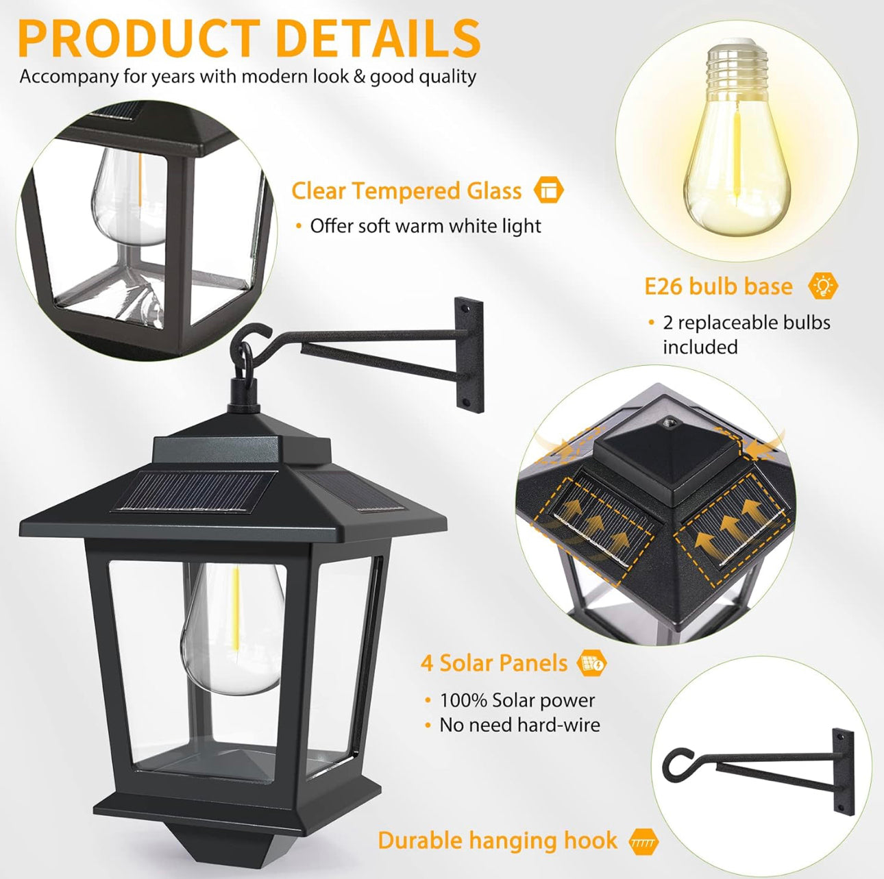 Lighteme 2 Pack Solar Aluminum Wall Hanging Lanterns with Replaceable Bulb, 4 Solar Panels,Anti-Rust