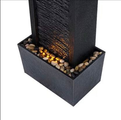 Lighteme Solar-Powered Waterfall Fountain with LED Lights, 38'' Tall Outdoor Gray Slate