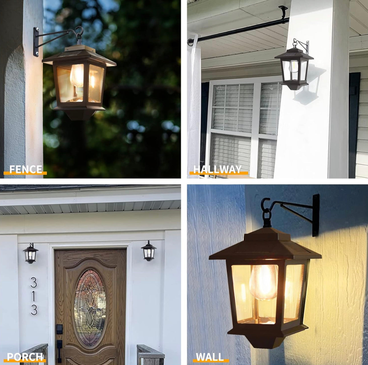 Lighteme 2 Pack Solar Aluminum Wall Hanging Lanterns with Replaceable Bulb, 4 Solar Panels,Anti-Rust