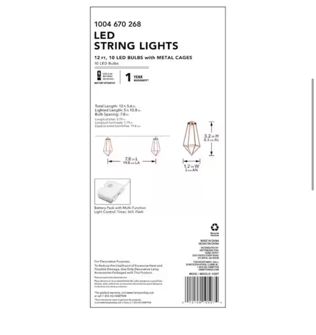 Lighteme 12Ft Battery Operated Metal Indoor Integrated LED String Lights 10-Light