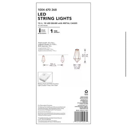 Lighteme 12Ft Battery Operated Metal Indoor Integrated LED String Lights 10-Light