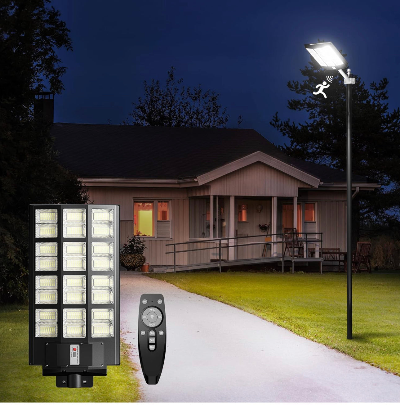 Lighteme 1200W Commercial Solar Street Light , 100000LM Parking Lot Light Dusk to Dawn With Remote