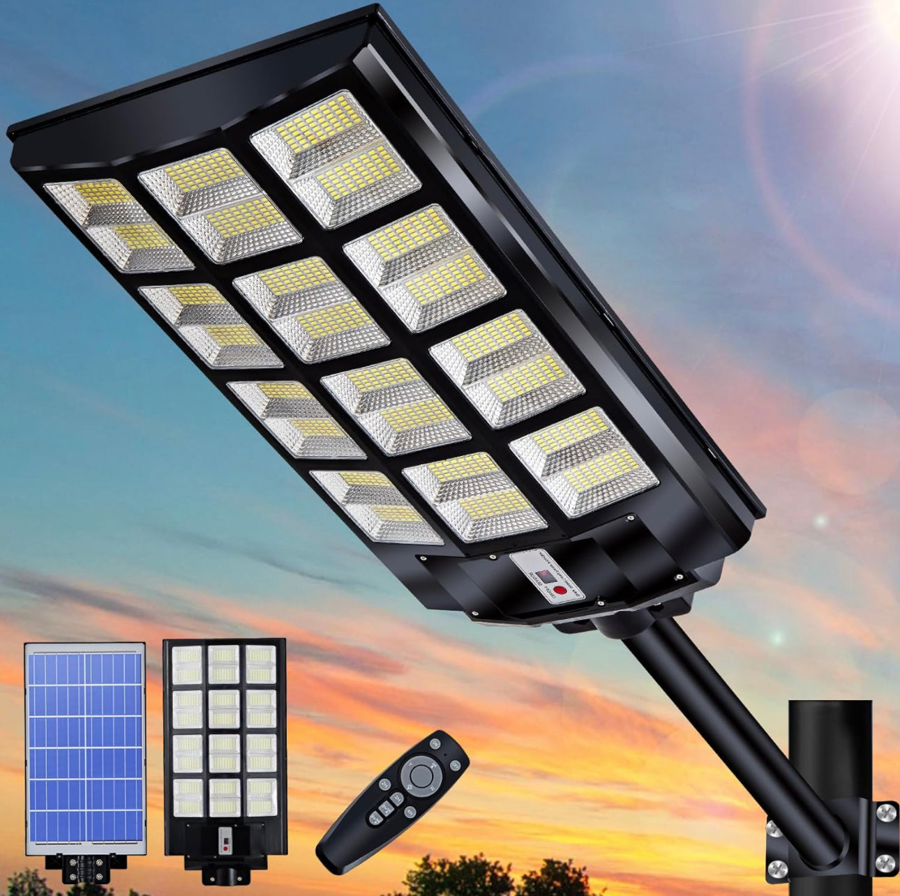 Lighteme 1200W Commercial Solar Street Light , 100000LM Parking Lot Light Dusk to Dawn With Remote