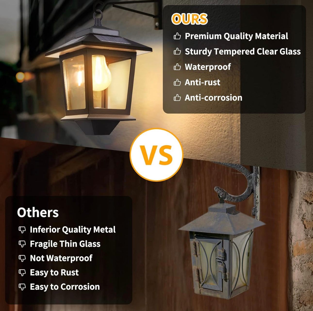 Lighteme 2 Pack Solar Aluminum Wall Hanging Lanterns with Replaceable Bulb, 4 Solar Panels,Anti-Rust