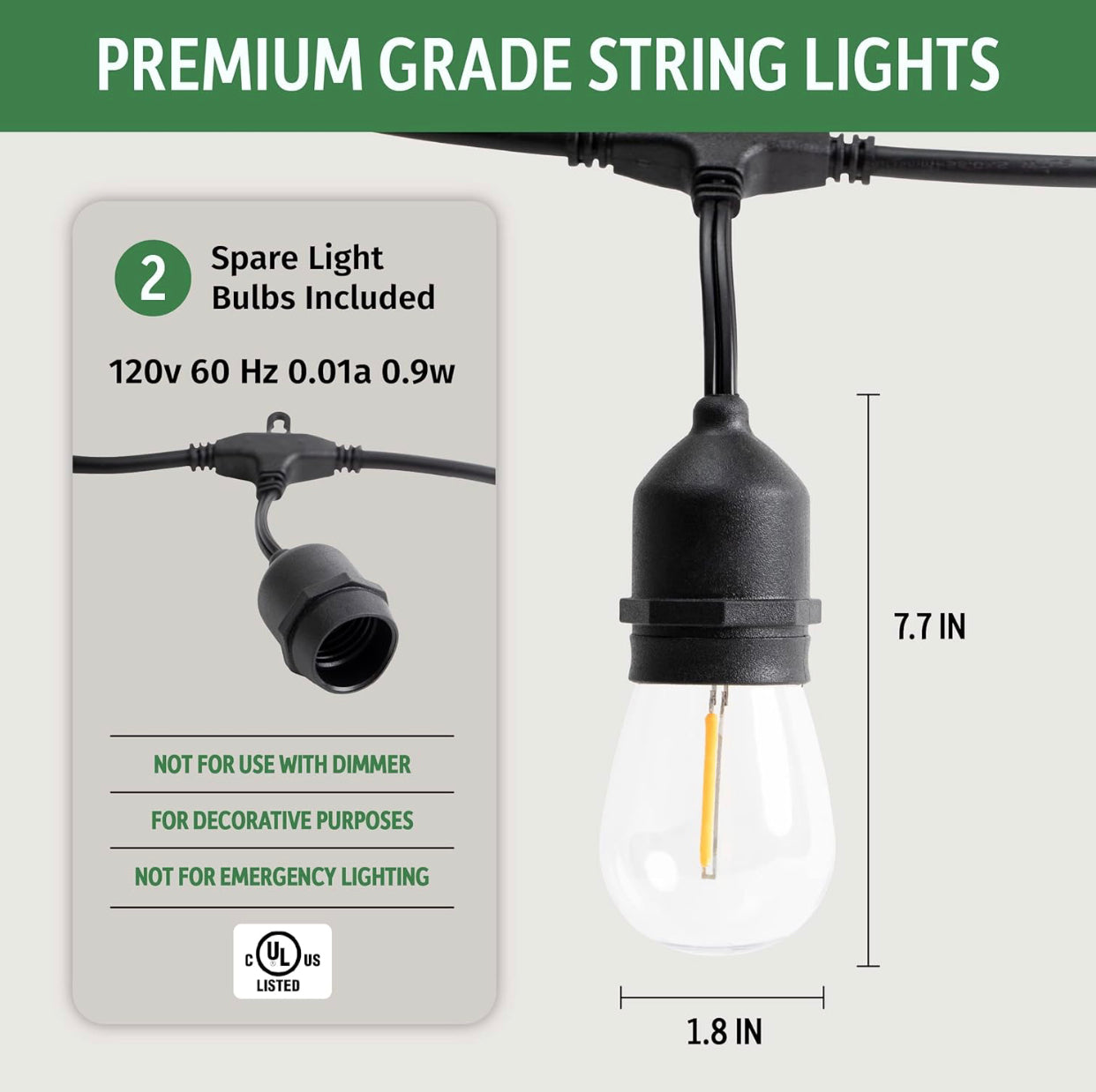 Lighteme 48FT Outdoor LED String Lights Plug-In - 24 Shatter Resistant and Waterproof Bulbs - Commercial Grade - UL Listed Heavy Duty Wire