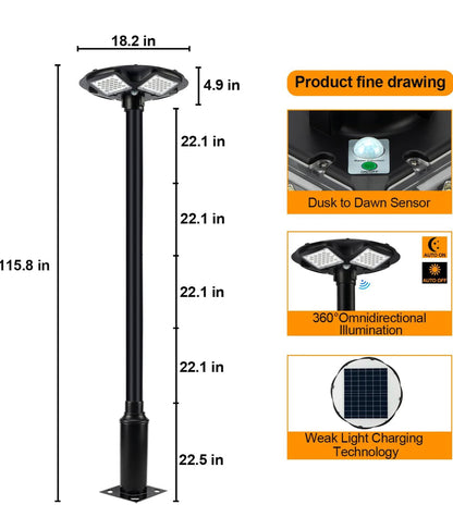 Lighteme 1500W Commercial Solar Flag Pole Outdoor Lamp Post Light with 98 inch Pole IP67 Waterproof With Remote
