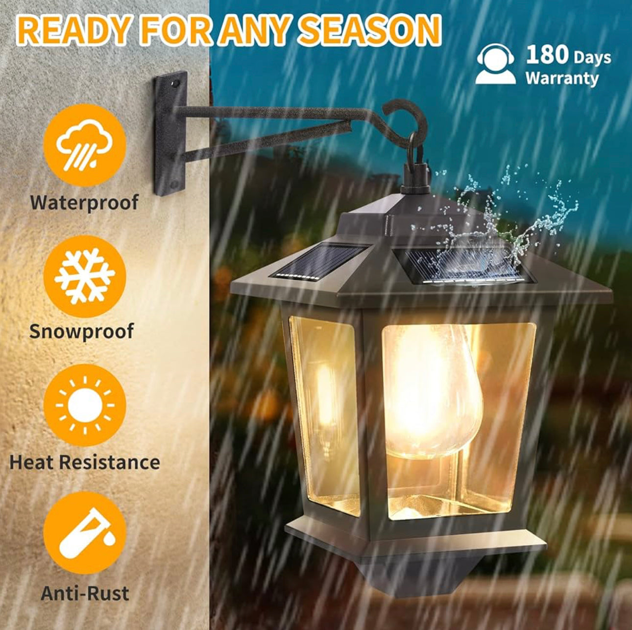Lighteme 2 Pack Solar Aluminum Wall Hanging Lanterns with Replaceable Bulb, 4 Solar Panels,Anti-Rust