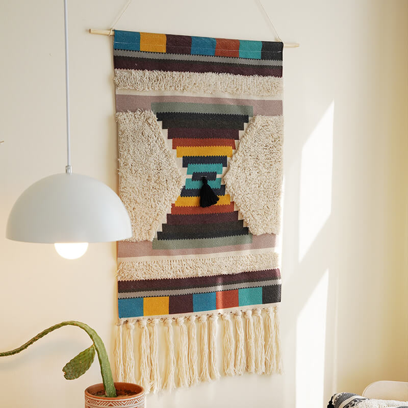 Tenture murale à pompons tissée à la main Lighteme à motifs géométriques