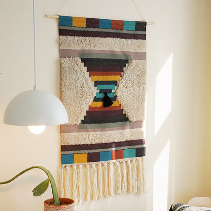 Tenture murale à pompons tissée à la main Lighteme à motifs géométriques