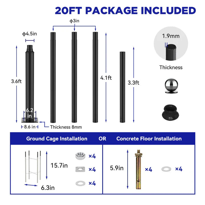 Lighteme 20Ft Commercial Grade Street/Parking/Flag Light Pole, Q235 Galvanized + Cage  1-Pack