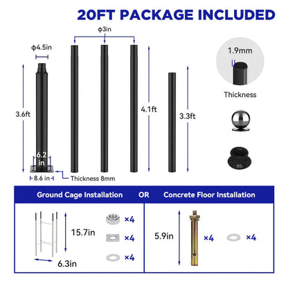 Lighteme 20Ft Commercial Grade Street/Parking/Flag Light Pole, Q235 Galvanized + Cage  1-Pack