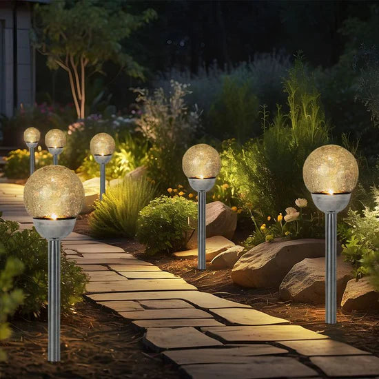 Lighteme Steel Solar Crackle Glass Ball PathWay LED- 8 Pack