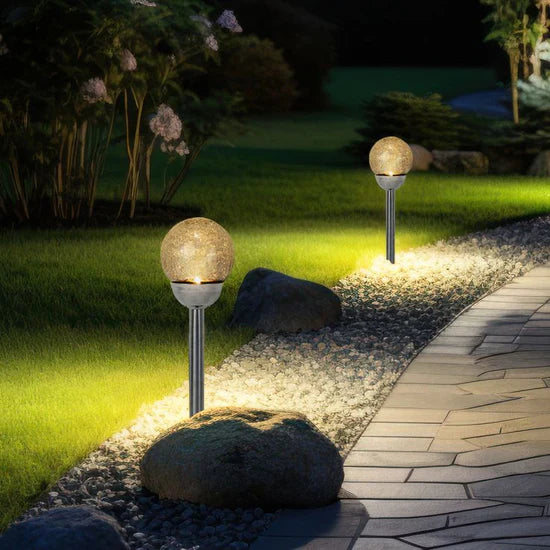 Lighteme Steel Solar Crackle Glass Ball PathWay LED- 8 Pack