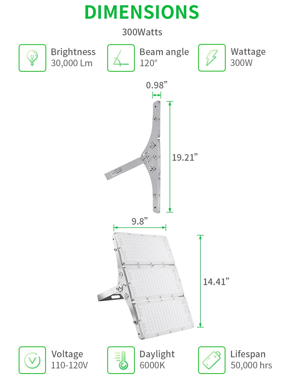 Lighteme 300W LED Flood Light, Hard Wired 24000LM Stadium Lights, 6000K Daylight White, 1500W Halogen Equivalent, IP66 Waterproof