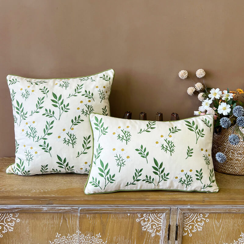 Lighteme Leaf Embroidered Cotton Throw Pillow Cover