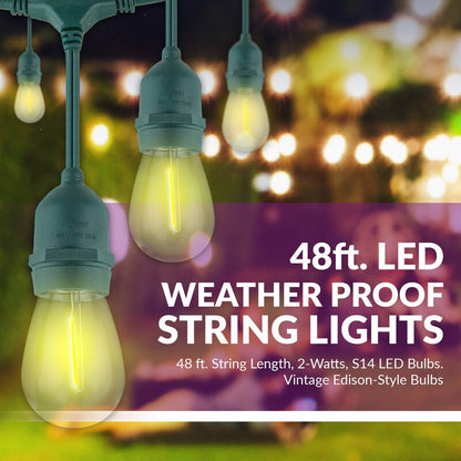Lighteme 48 Fuß lange, steckbare LED-Lichterkette für den Außenbereich, wasserdicht, zum Aufhängen, dimmbare 2-W-Vintage-Edison-Glühbirnen 